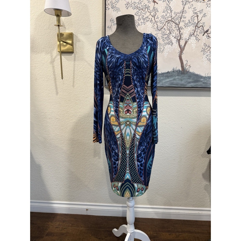Cache Blue Multicolor Geometric Bodycon Knee Length Dress V Neck Long Sleeve 6